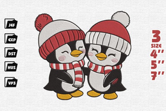 Adorable Christmas Penguin Couple Embroidery