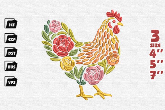 Artistic Floral Chicken Embroidery Design