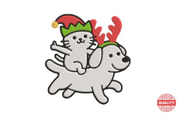 Christmas Cat Riding Dog Embroidery