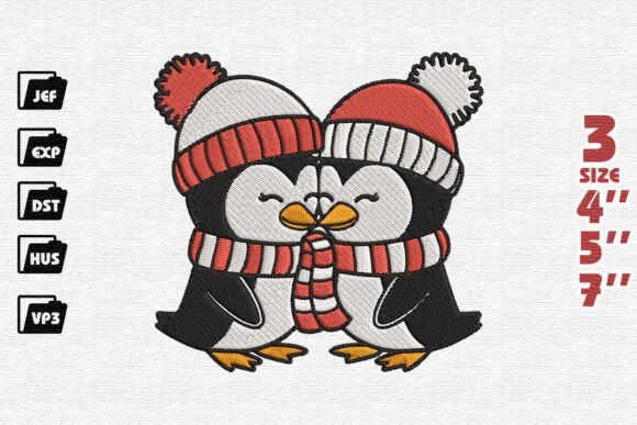 Cuddling Penguin Couple Sharing Scarf Christmas Embroidery Design