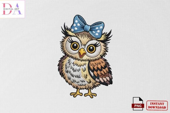 Cute Owl with Bow Embroidery PNG