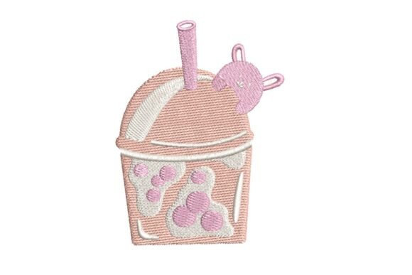 Cute Pink Animal Boba Tea Embroidery Design