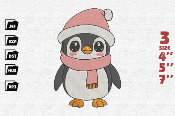 Cute Winter Penguin in Pink Hat Embroidery Design