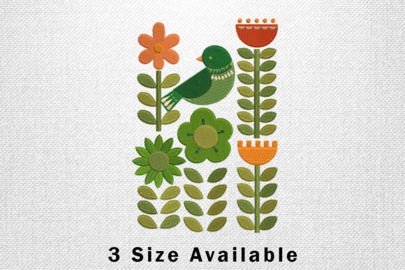 Green Bird and Floral Garden Embroidery
