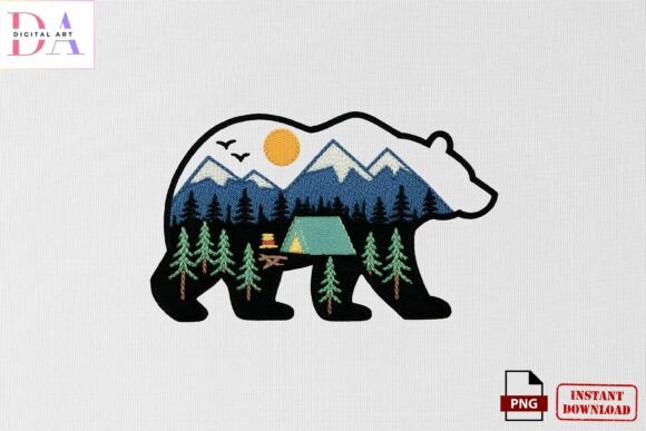 Mountain Bear Camping Embroidery PNG
